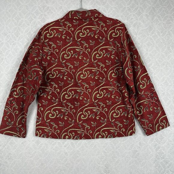 90s Vtg Tantrums Jacket Women Large Red Gold Tapestry Sequin Blazer Wearable Art - Picture 8 of 13